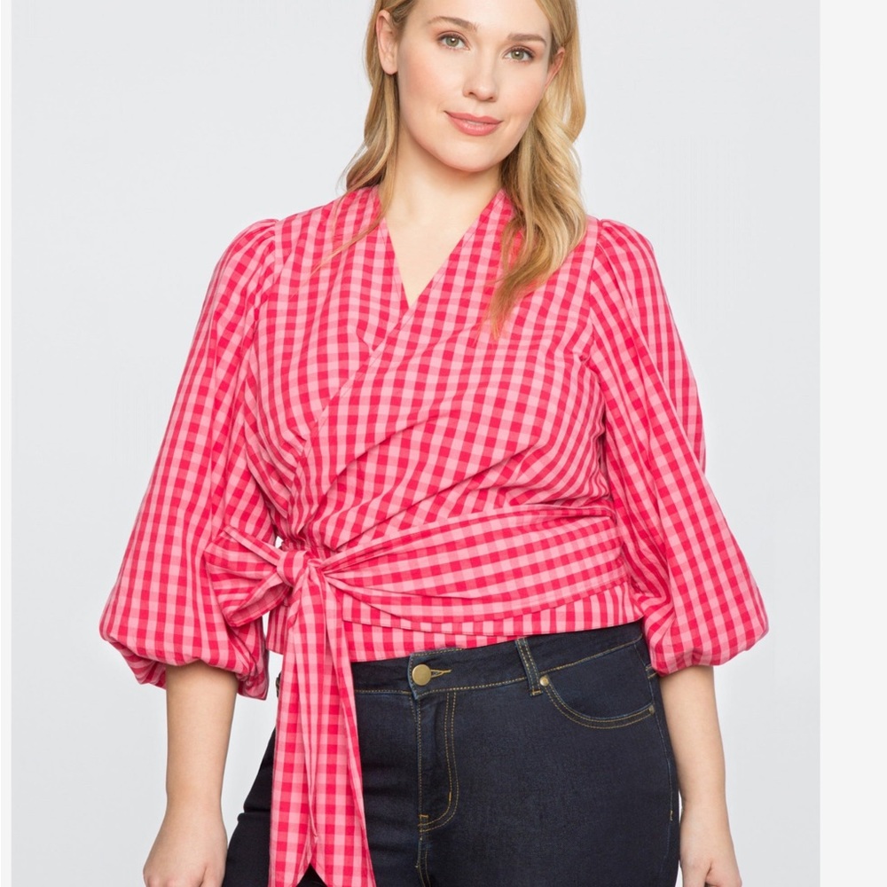 Draper James Eloquii red and pink checkered wrap top with tie waist